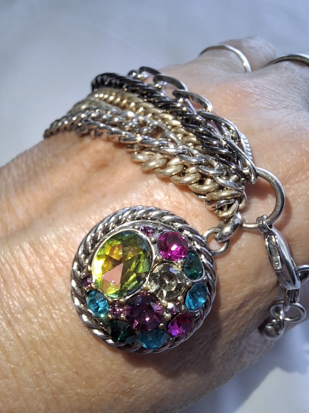 GS Multi Strand Silver Tone Chain Bracelet Colorful Rhinestone Charm Vitrail Cry